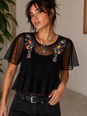 Max Sheer Embroidered Swiss Dot Mesh Peplum Top Removable Tank